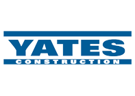 Yates Construction logo: Bold white "YATES" text on blue background, with blue lines. National firm specializing in commercial and industrial construction.
