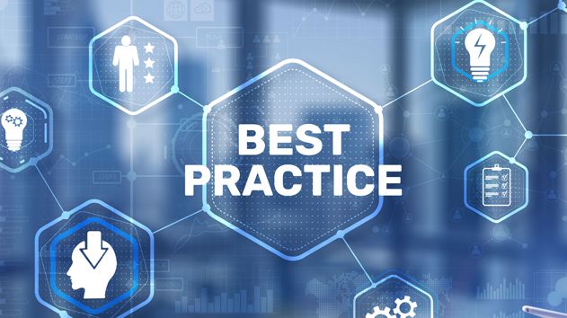 Hexagonal icons with symbols for people, ideas, and gears surround the central phrase "Best Practice" on a blue abstract digital background.
